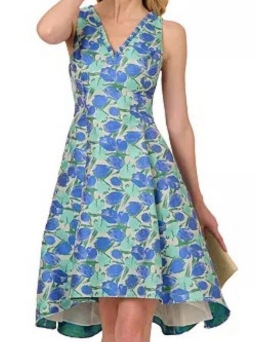 NWT Adrianna Papell Green & Blue Floral Printed Jacquard Dress. Size 10